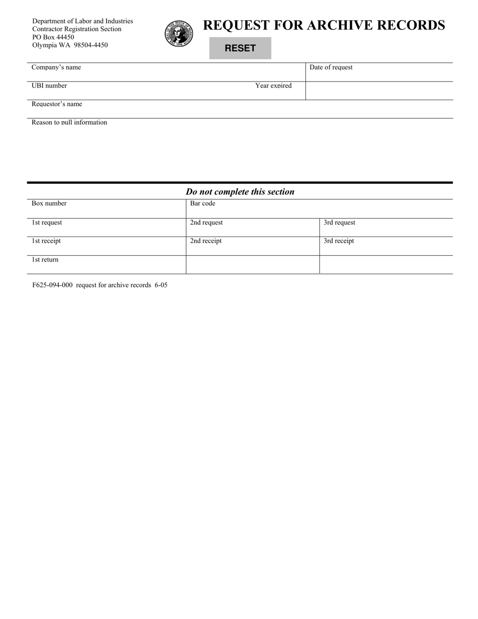 Form F625-094-000 Request for Archive Records - Washington, Page 1