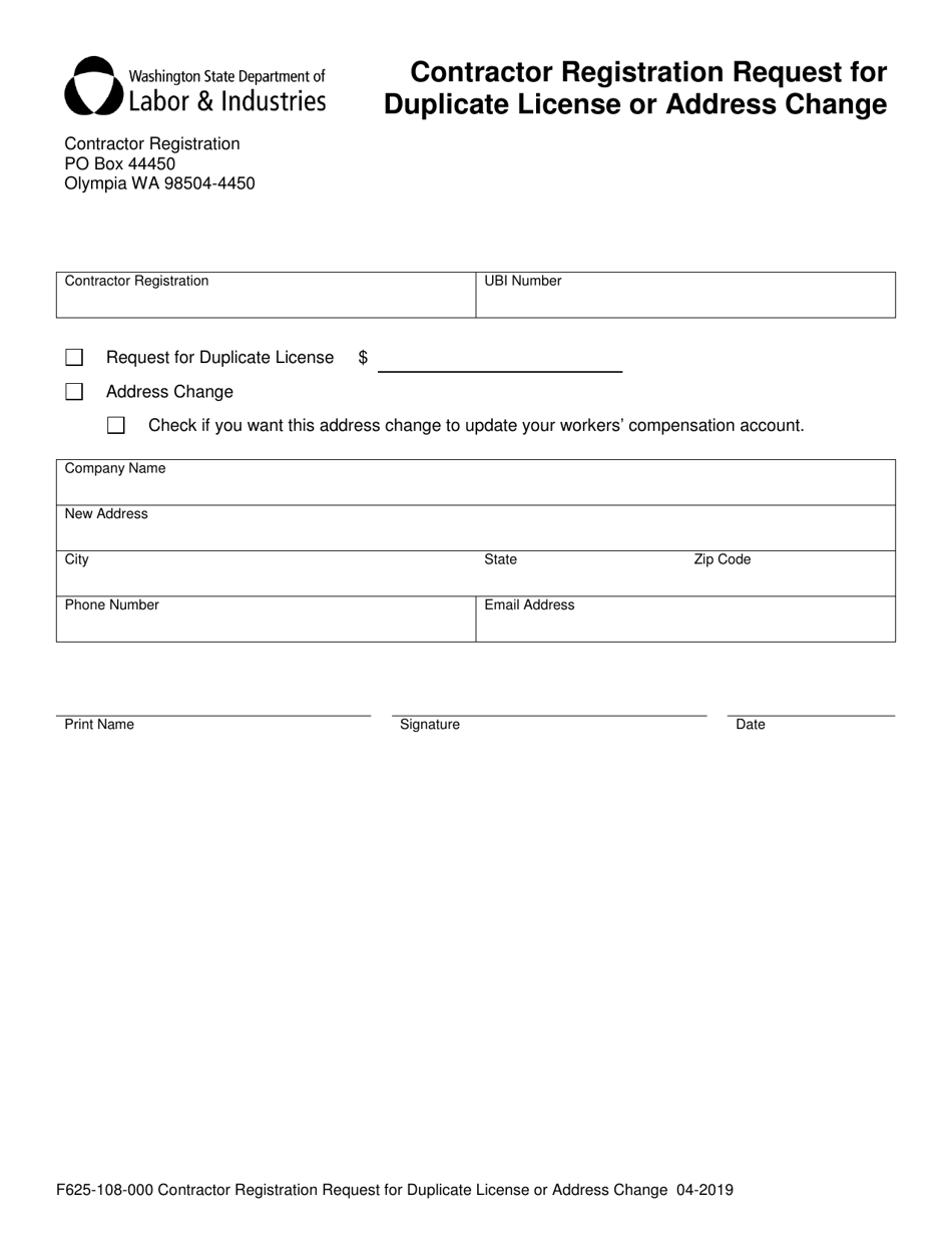 Form F625-108-000 Contractor Registration Request for Duplicate License or Address Change - Washington, Page 1