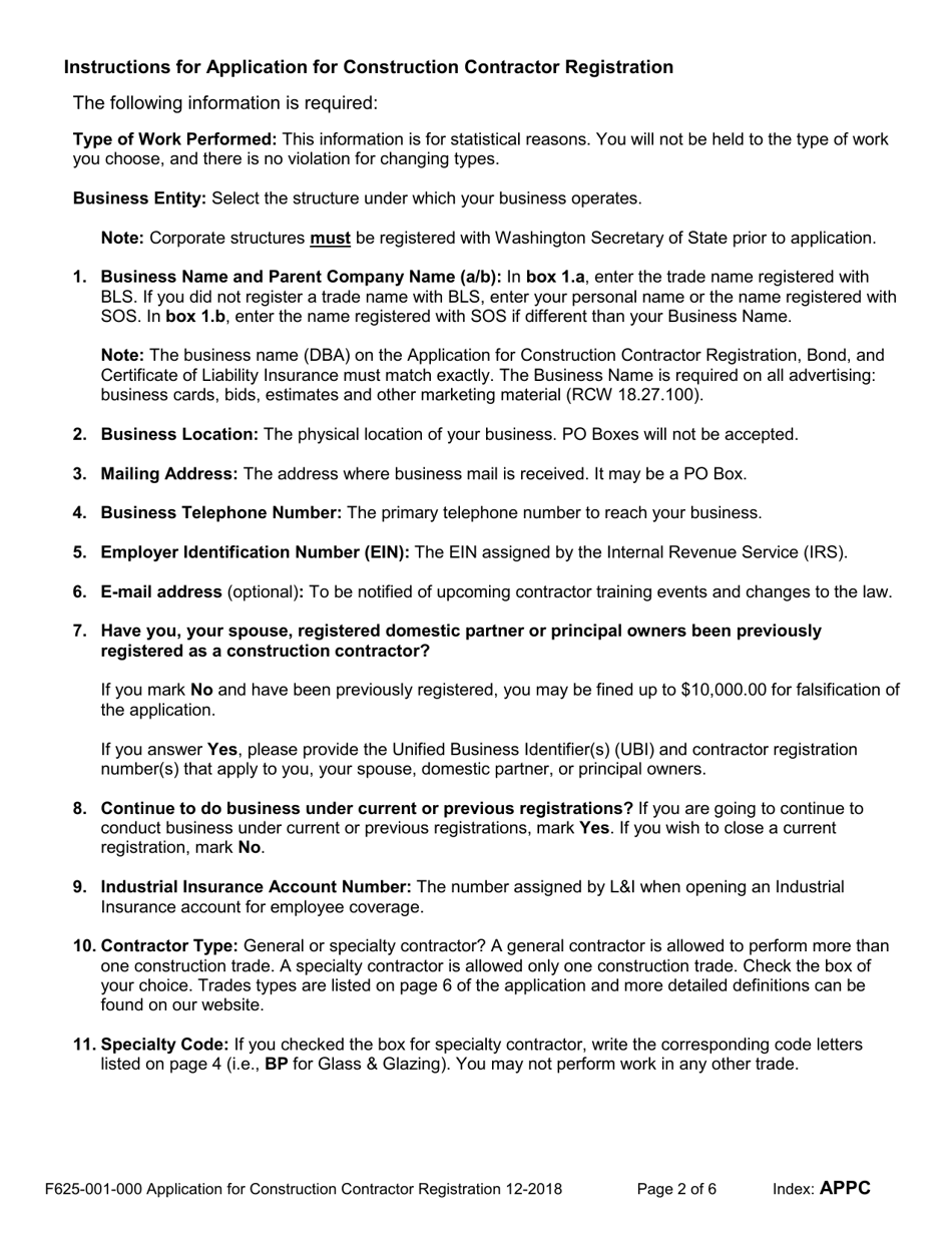 Form F625-001-000 Application for Construction Contractor Registration - Washington, Page 2