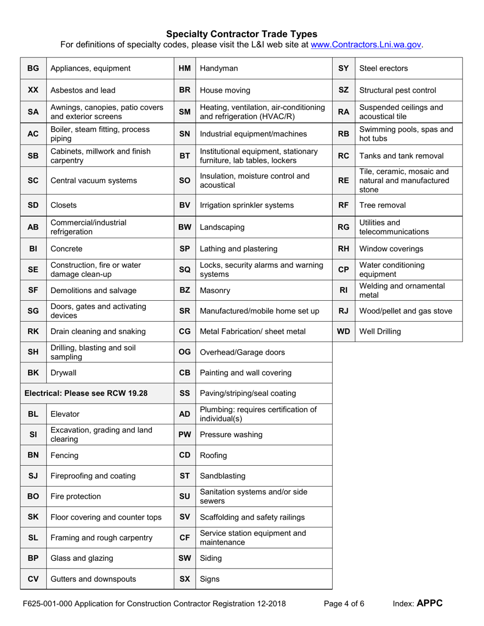 Form F625-001-000 Application for Construction Contractor Registration - Washington, Page 4