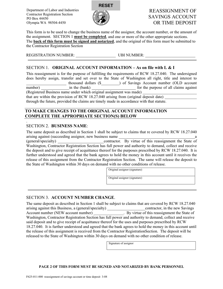 Form F625-011-000 Reassignment of Savings Account or Time Deposit - Washington, Page 1