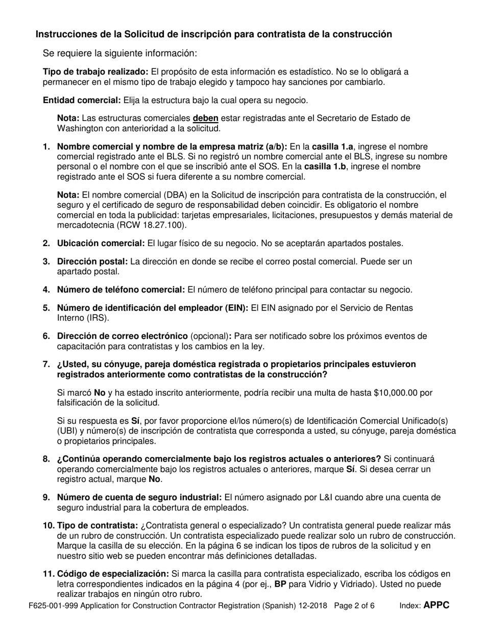 Formulario F625-001-999 Solicitud De Inscripcion Para Contratista De La Construccion - Washington (Spanish), Page 2