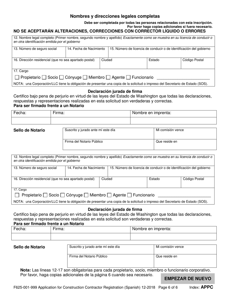 Formulario F625-001-999 Solicitud De Inscripcion Para Contratista De La Construccion - Washington (Spanish), Page 6