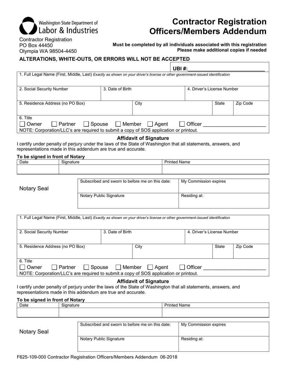 Form F625-109-000 Contractor Registration Officers / Members Addendum - Washington, Page 1