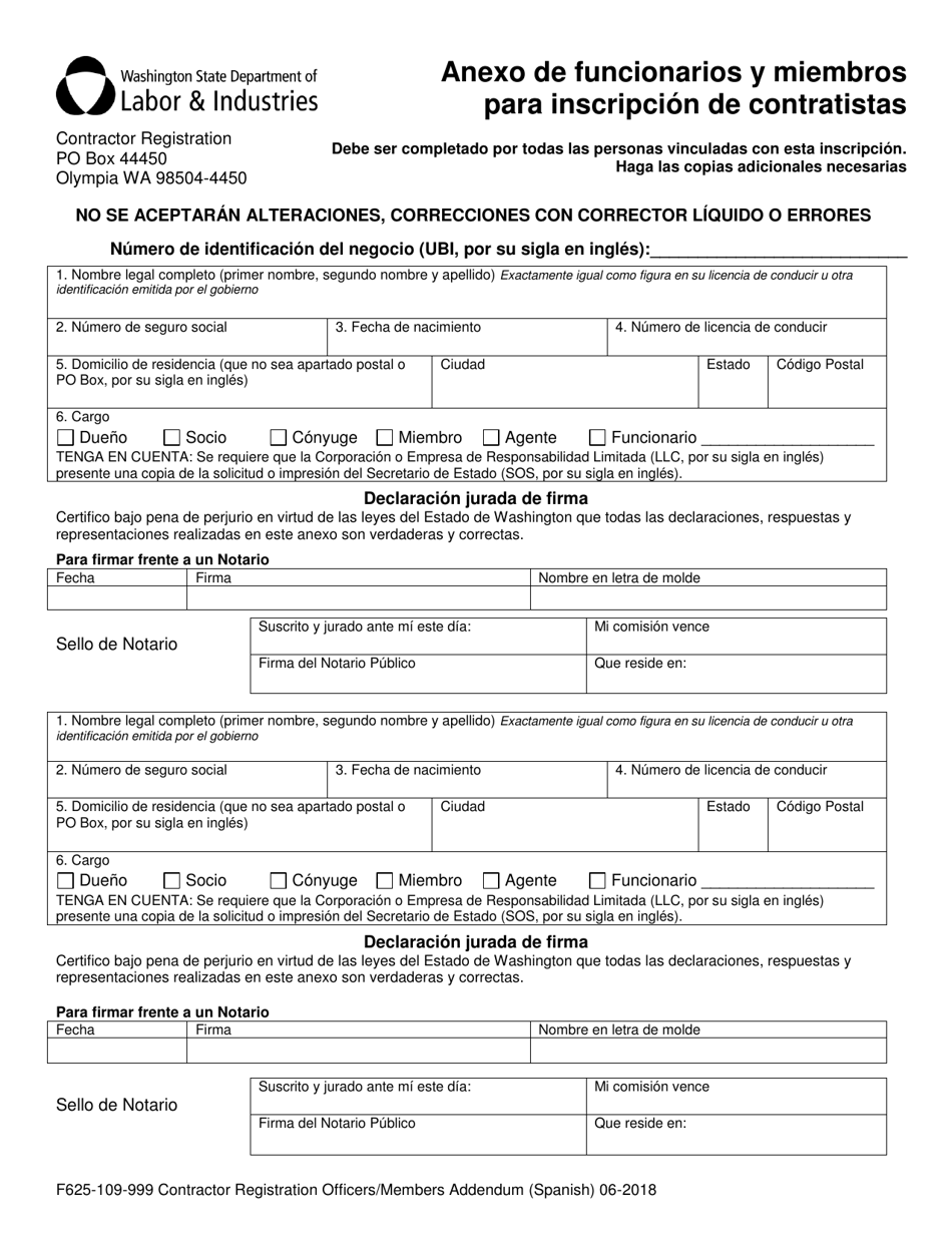 Formulario F625-109-999 Anexo De Funcionarios Y Miembros Para Inscripcion De Contratistas - Washington (Spanish), Page 1