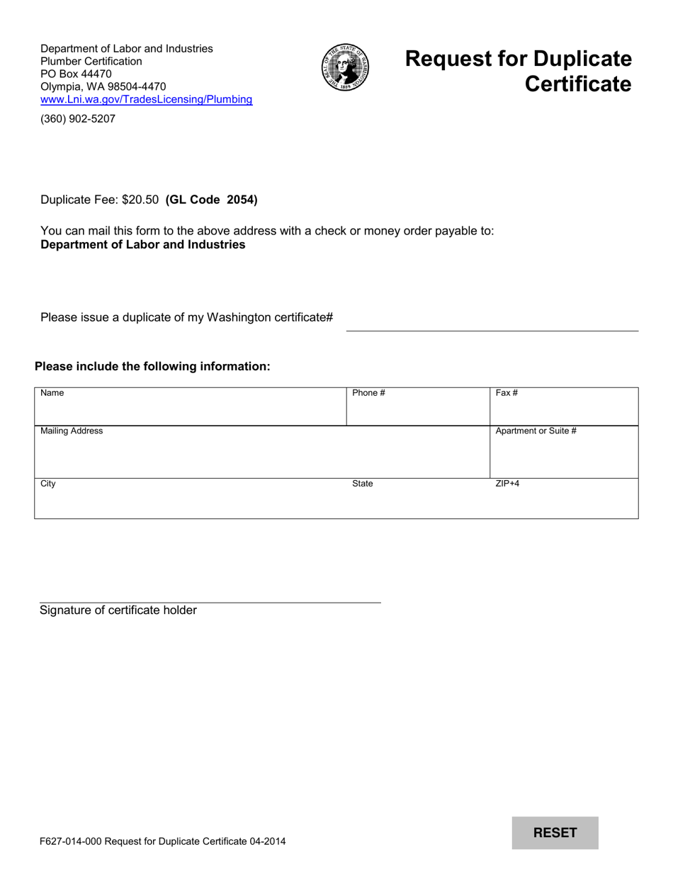 Form F627-014-000 Request for Duplicate Certificate - Washington, Page 1