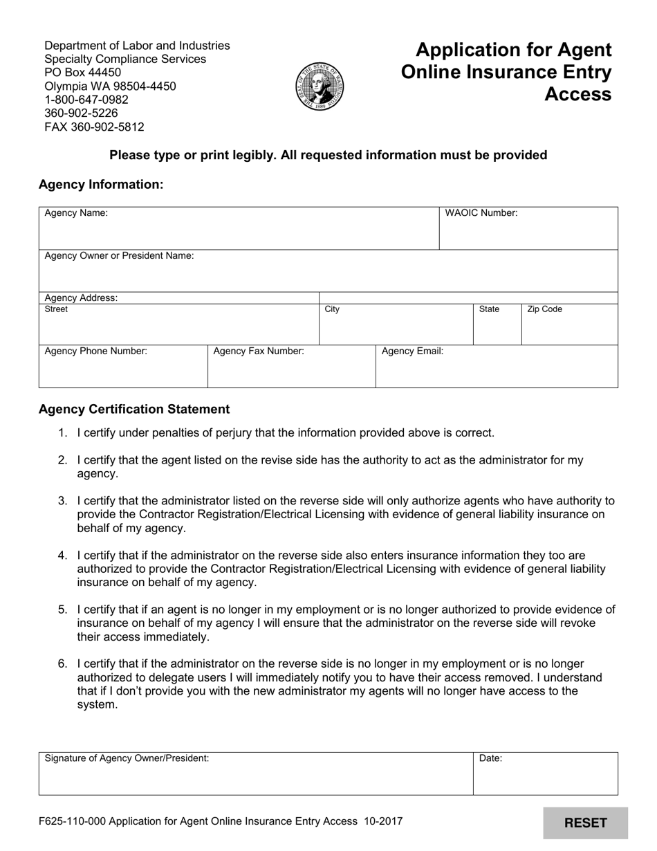 Form F625-110-000 Application for Agent Online Insurance Entry Access - Washington, Page 1