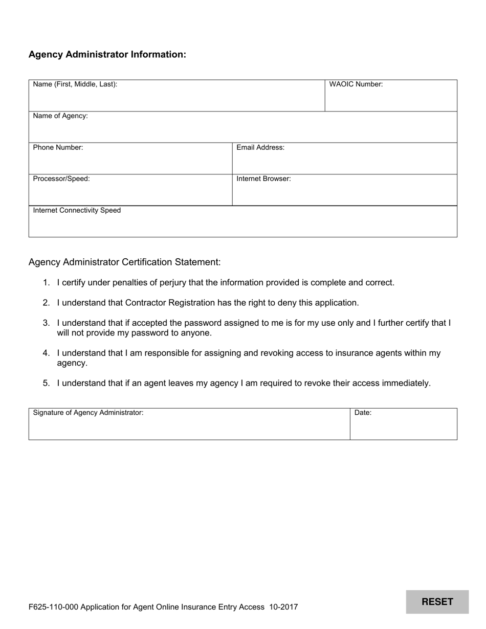 Form F625-110-000 Application for Agent Online Insurance Entry Access - Washington, Page 2