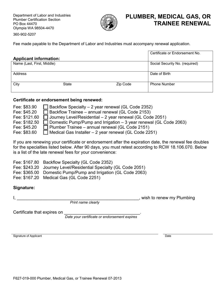 Form F627-019-000 Plumber, Medical Gas, or Trainee Renewal - Washington, Page 1