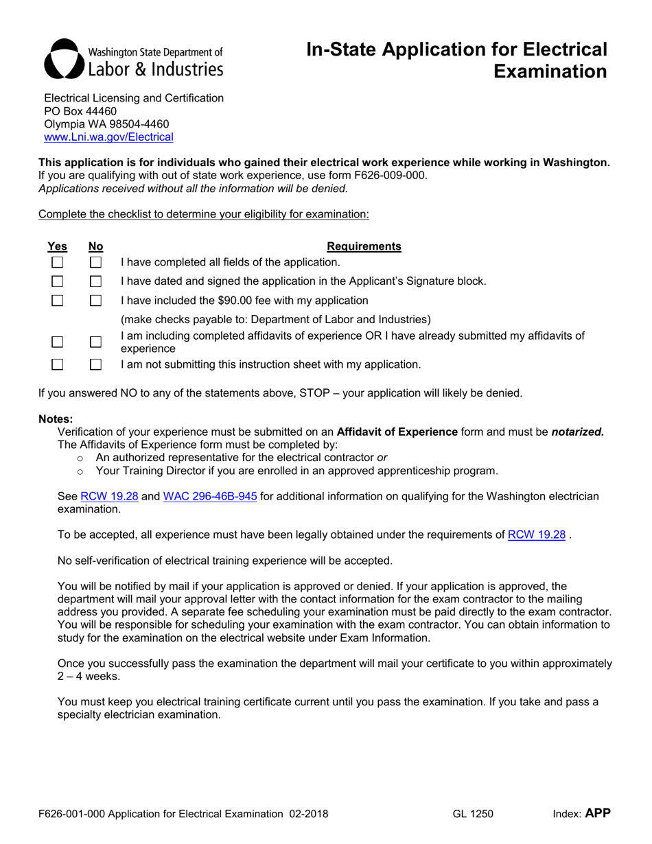 Form F626-001-000 In-state Application for Electrical Examination - Washington, Page 1