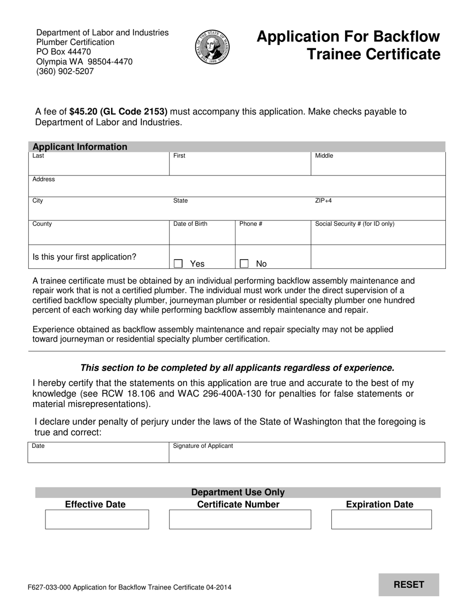 Form F627-033-000 Application for Backflow Trainee Certificate - Washington, Page 1