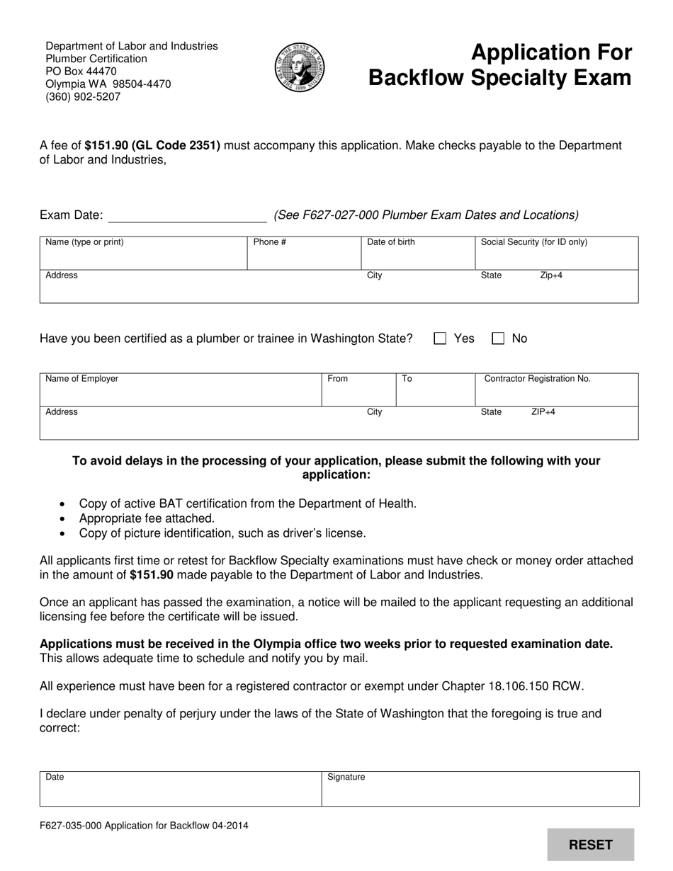 Form F627-035-000 Application for Backflow Specialty Exam - Washington, Page 1