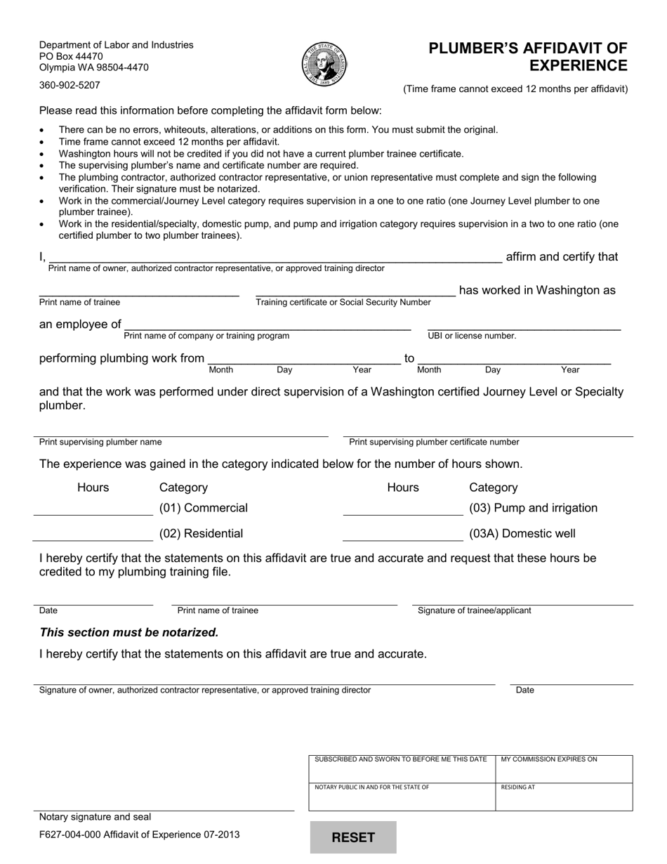 Form F627-003-000 Application for Plumber Trainee Certification - Washington, Page 2