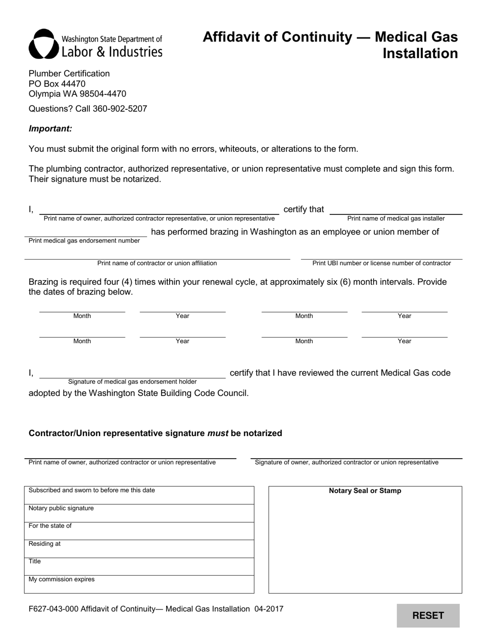 Form F627-043-000 Affidavit of Continuity - Medical Gas Installation - Washington, Page 1