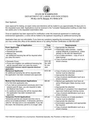 Form F627-008-000 Application for Plumber Examination, Reciprocal, Medical Gas Endorsement, or Temporary Permit - Washington