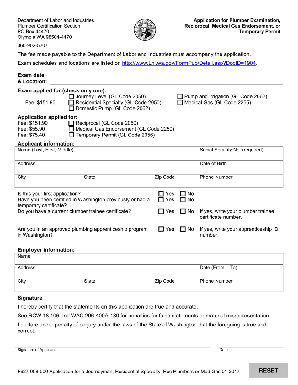 Form F627-008-000 Application for Plumber Examination, Reciprocal, Medical Gas Endorsement, or Temporary Permit - Washington, Page 3