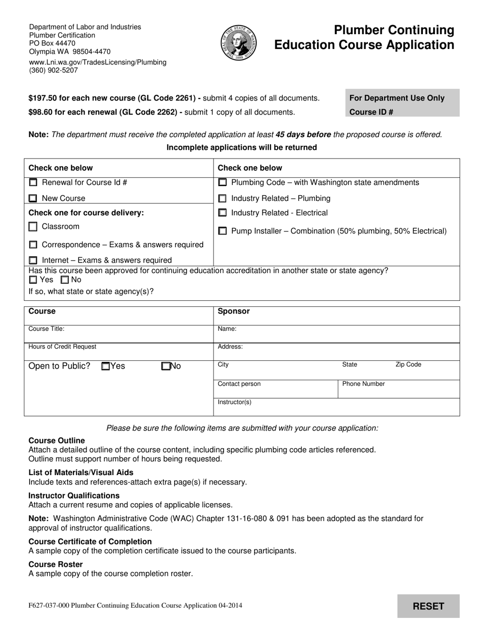 Form F627-037-000 Plumber Continuing Education Course Application - Washington, Page 1