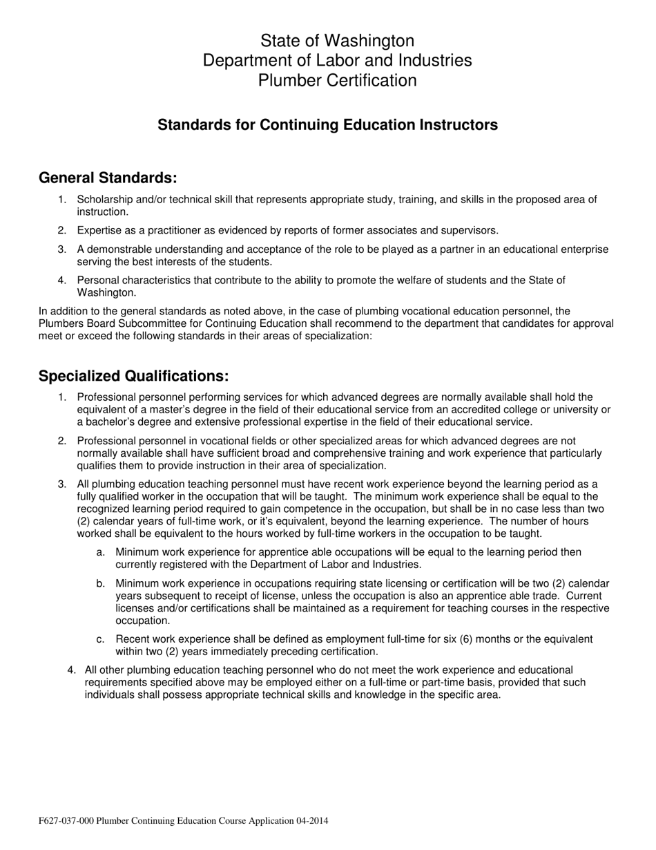 Form F627-037-000 Plumber Continuing Education Course Application - Washington, Page 2
