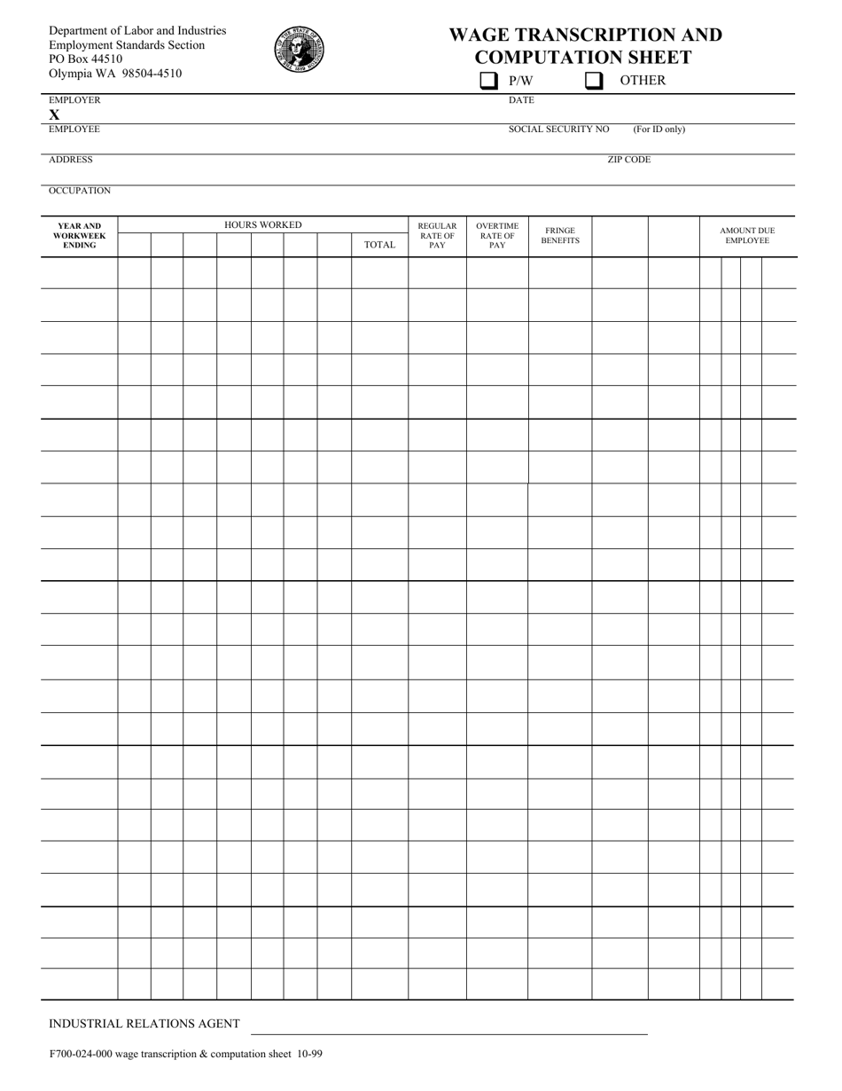 Form F700-024-000 Wage Transcription and Computation Sheet - Washington, Page 1