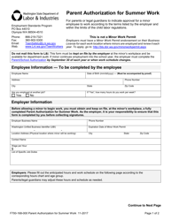 Document preview: Form 700-168-000 Parent Authorization for Summer Work - Washington