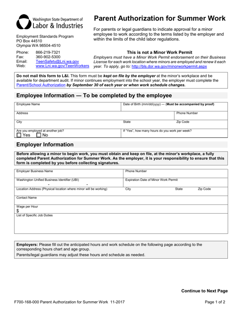 Form 700-168-000 Parent Authorization for Summer Work - Washington