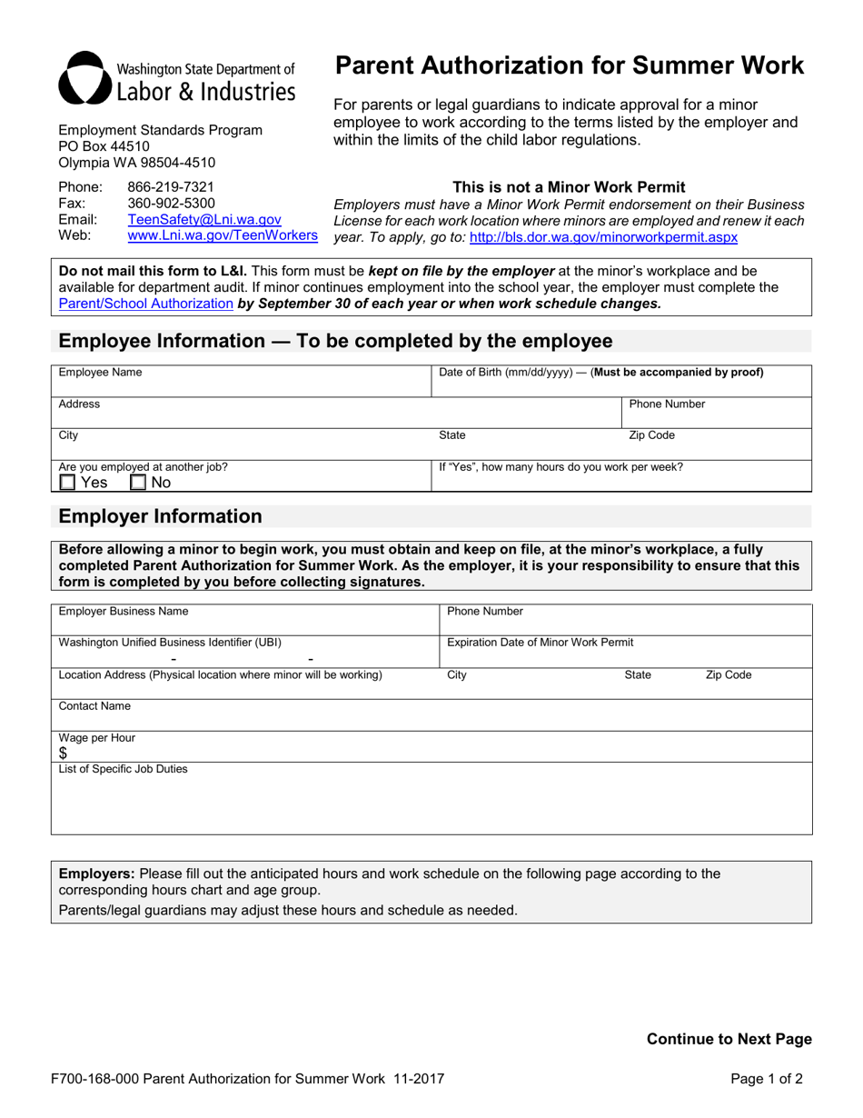 Form 700-168-000 Parent Authorization for Summer Work - Washington, Page 1