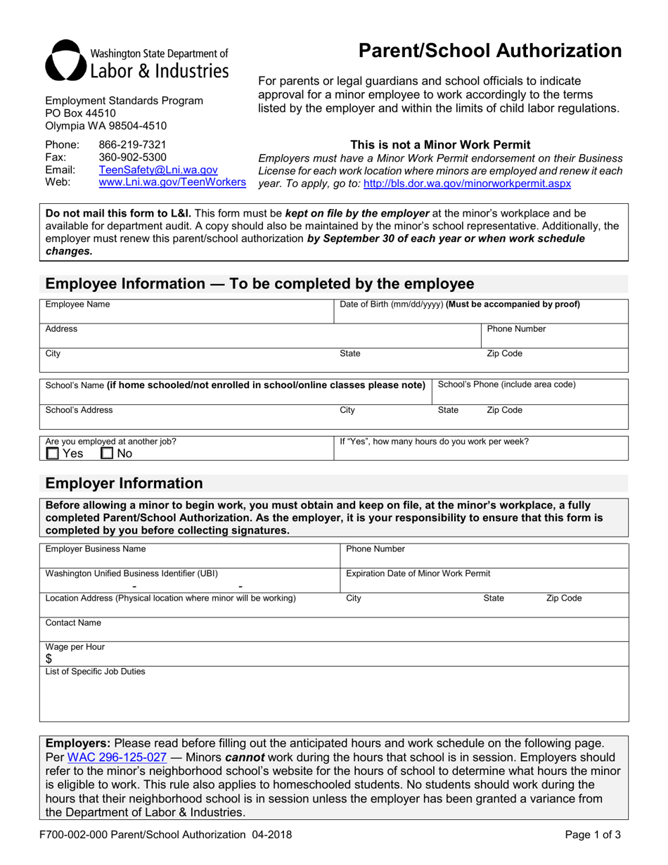 Form F700-002-000 Parent / School Authorization - Washington, Page 1