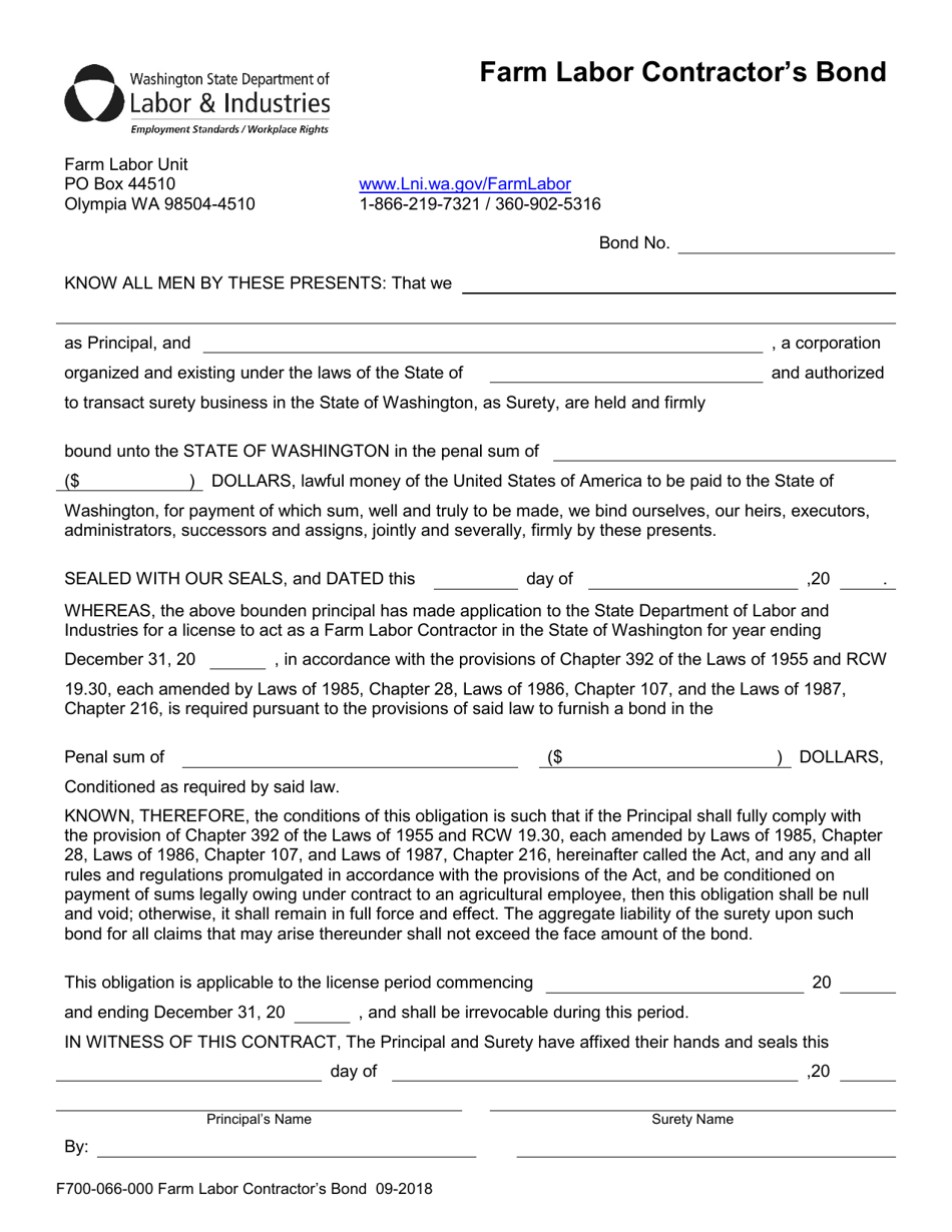 Form F700-066-000 Farm Labor Contractors Bond - Washington, Page 1