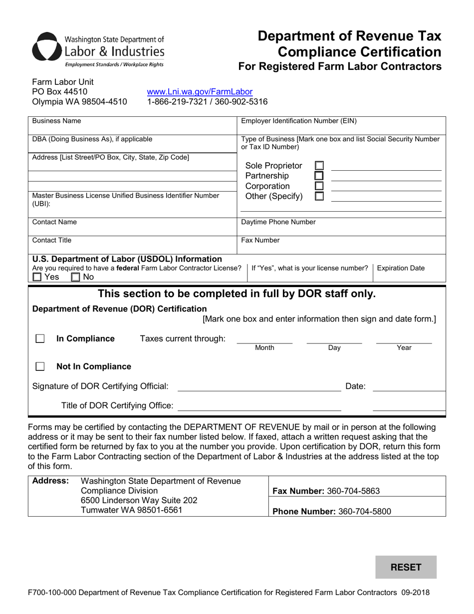 Form F700-100-000 Department of Revenue Tax Compliance Certification for Registered Farm Labor Contractors - Washington, Page 1
