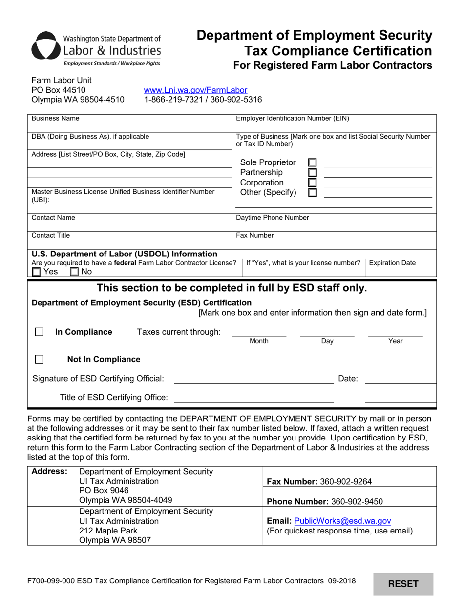Form F700-099-000 Department of Employment Security Tax Compliance Certification for Registered Farm Labor Contractors - Washington, Page 1