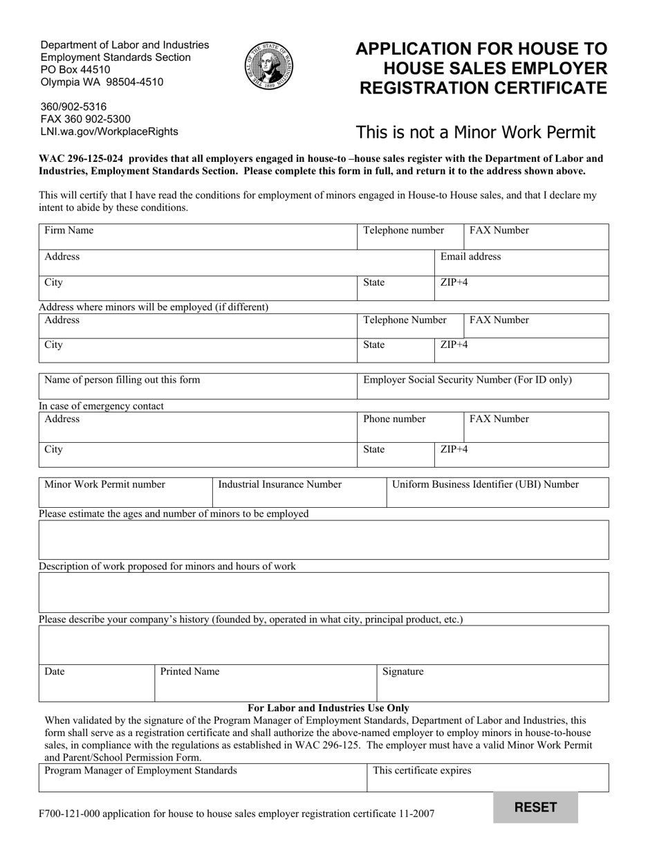Form F700-121-000 Application for House to House Sales Employer Registration Certificate - Washington, Page 1