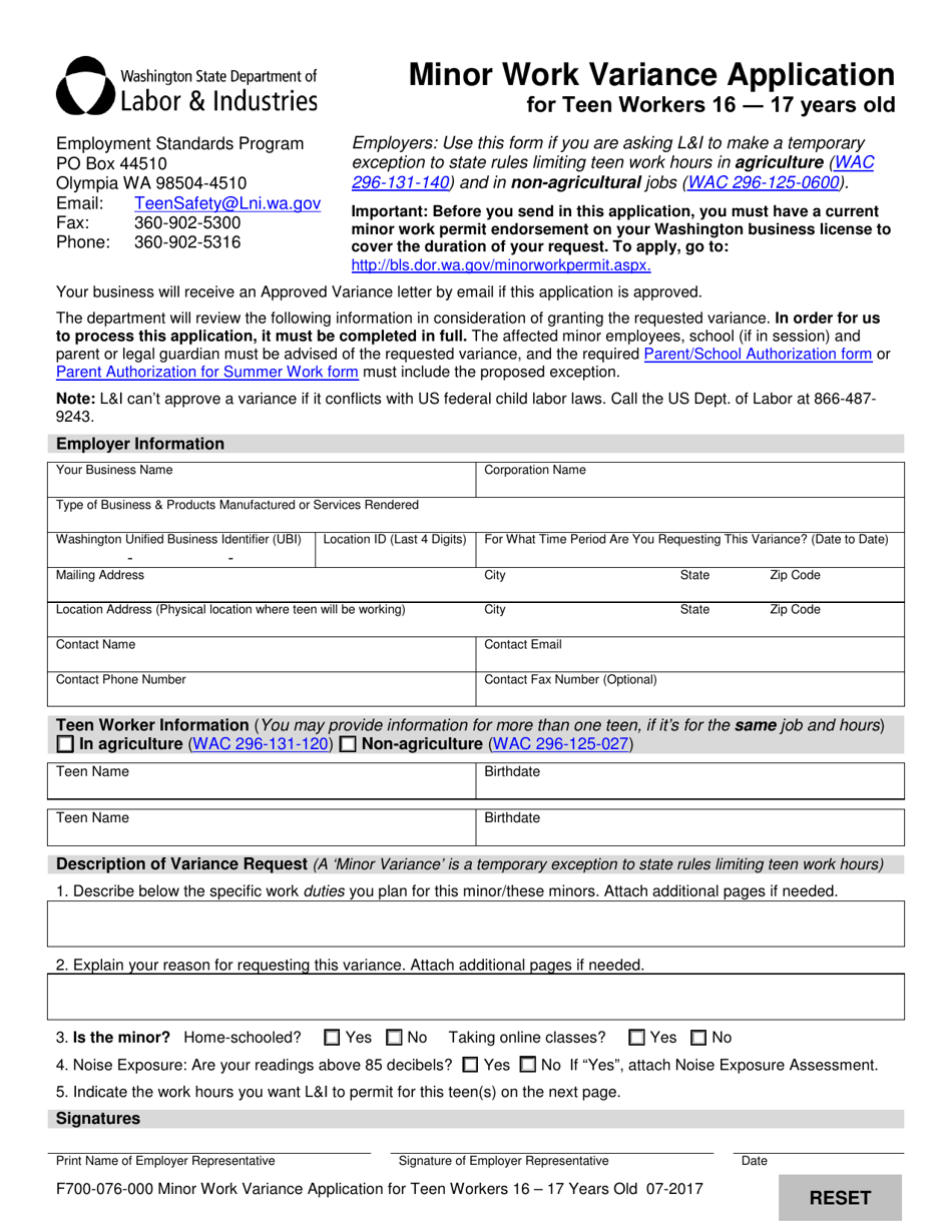 Form F700 076 000 Download Fillable Pdf Or Fill Online Minor Work Variance Application For Teen Workers 16 17 Years Old Washington Templateroller