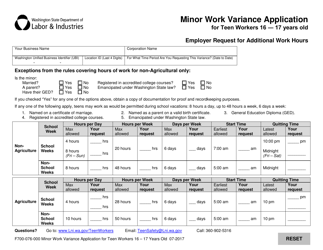 Form F700-076-000 Minor Work Variance Application for Teen Workers 16-17 Years Old - Washington, Page 2