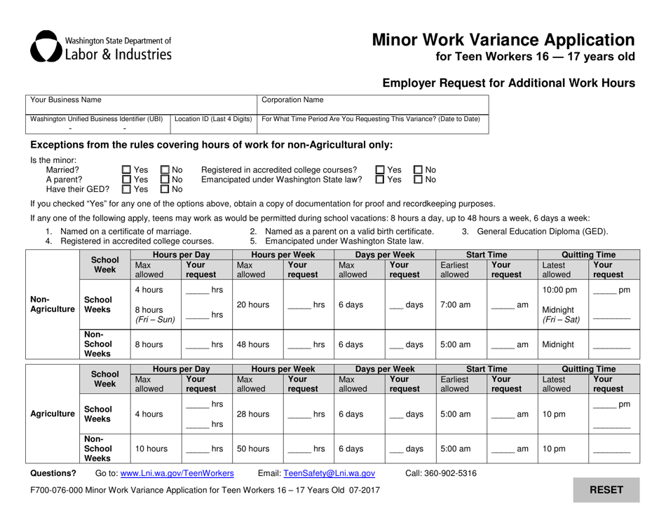 Form F700-076-000 Minor Work Variance Application for Teen Workers 16-17 Years Old - Washington, Page 2