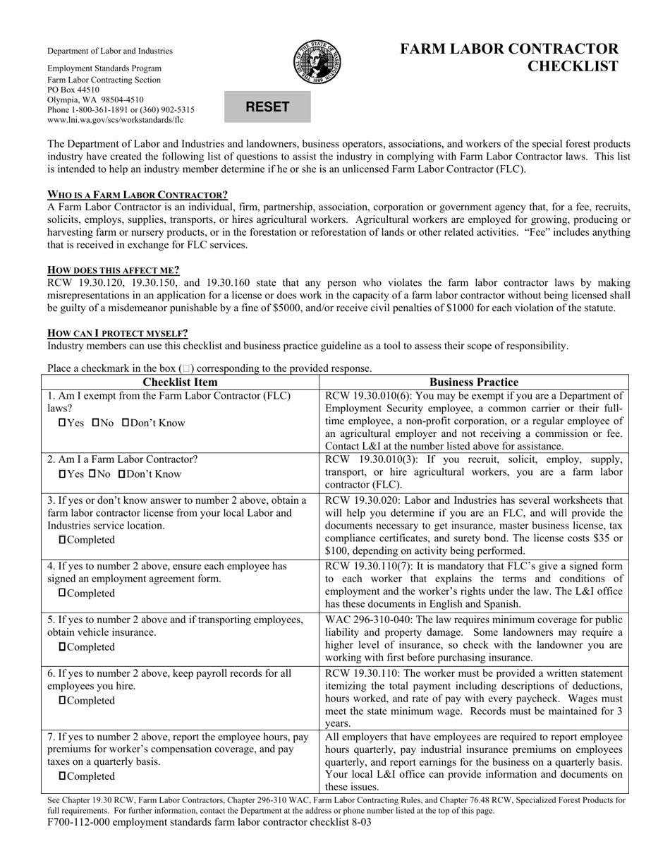 Form F700-112-000 Farm Labor Contractor Checklist - Washington, Page 1