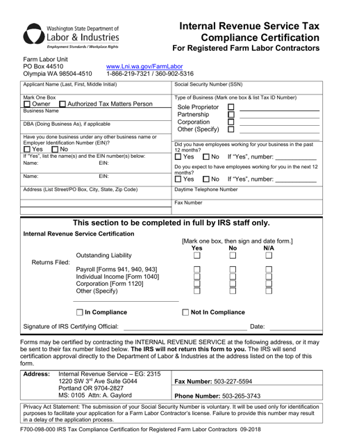 Form F700-098-000 Internal Revenue Service Tax Compliance Certification for Registered Farm Labor Contractors - Washington