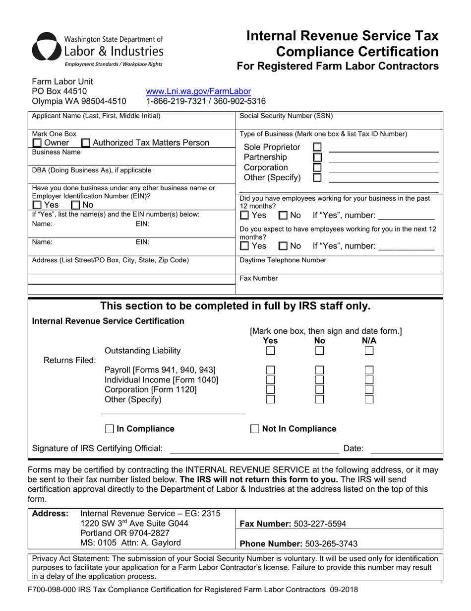 Form F700-098-000 Internal Revenue Service Tax Compliance Certification for Registered Farm Labor Contractors - Washington, Page 1