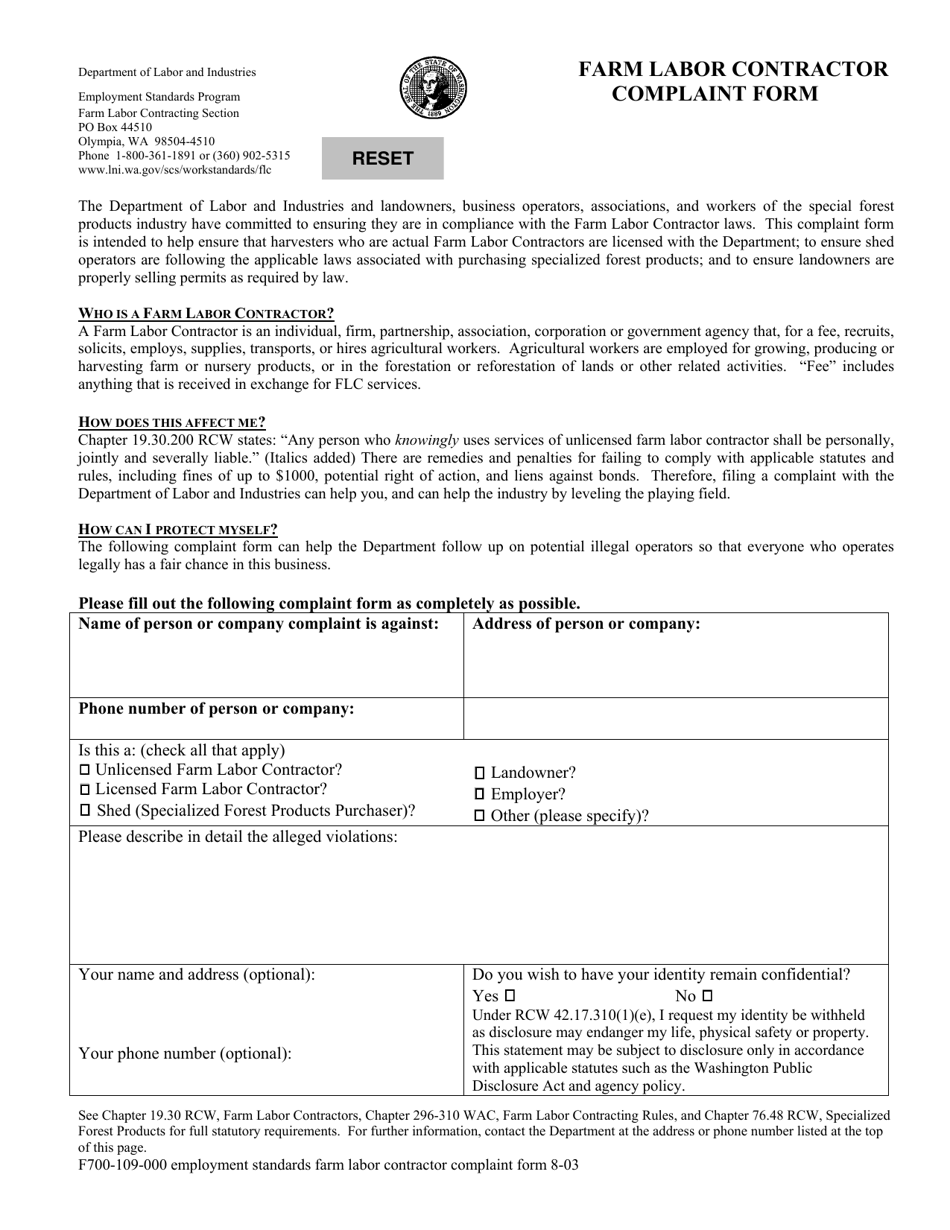 Form F700-109-000 Farm Labor Contractor Complaint Form - Washington, Page 1