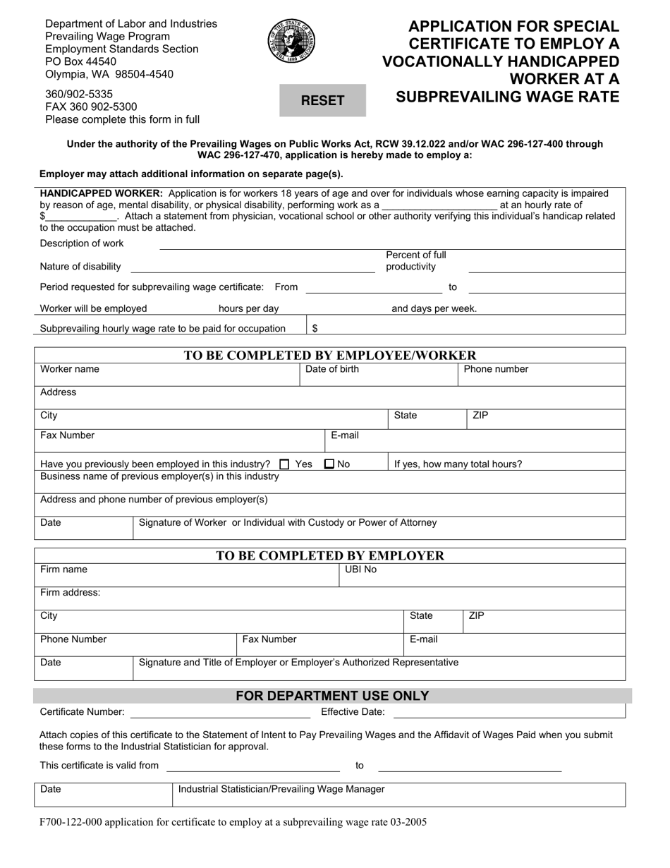 Form F700-122-000 Application for Special Certificate to Employ a Vocationally Handicapped Worker at a Subprevailing Wage Rate - Washington, Page 1