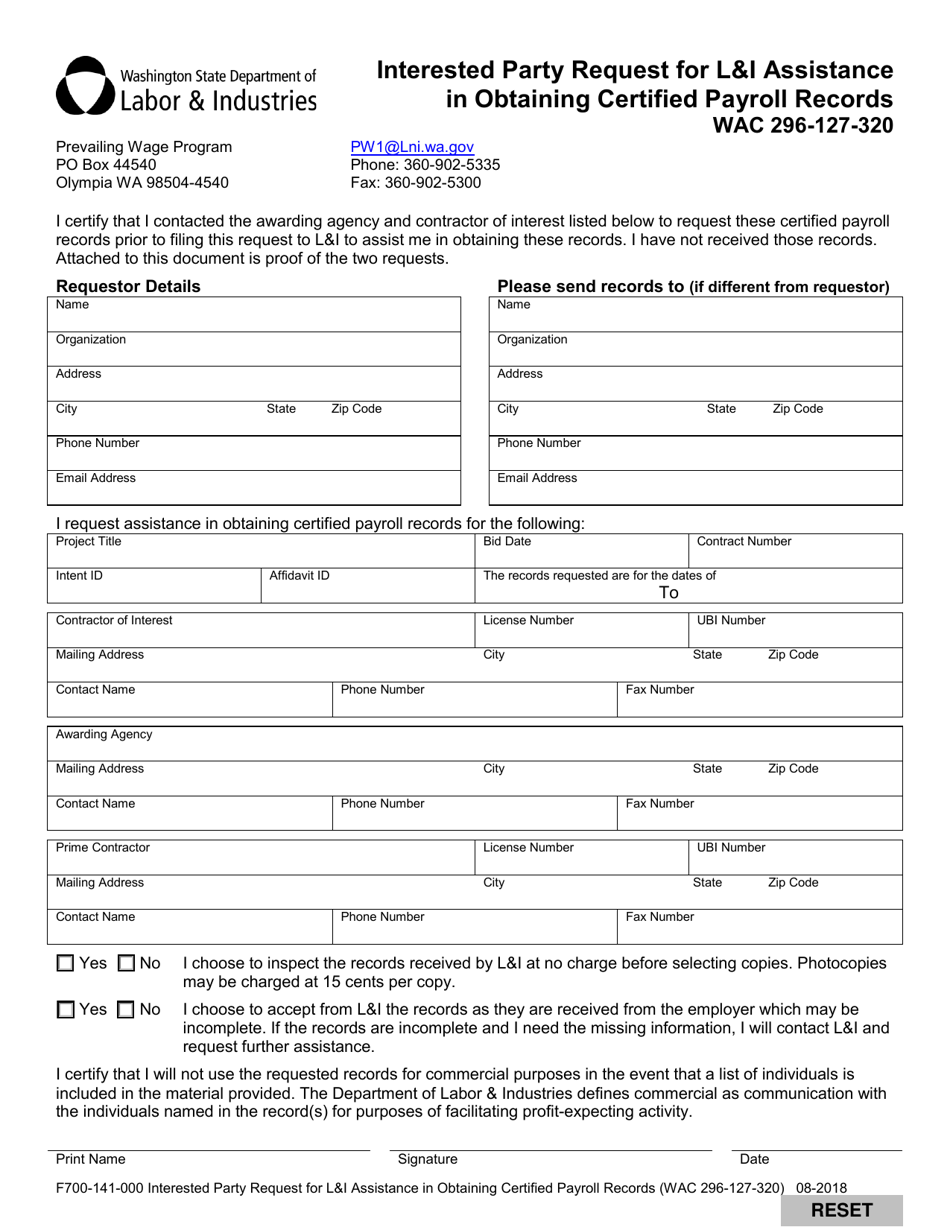 Form F700-141-000 Interested Party Request for Li Assistance in Obtaining Certified Payroll Records - Washington, Page 2