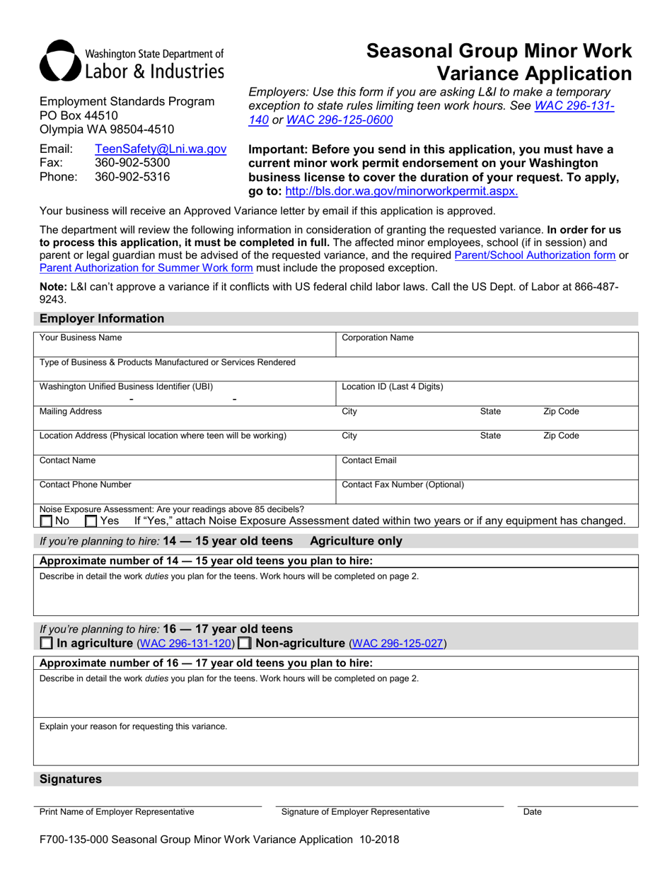 Form F700-135-000 Seasonal Group Minor Work Variance Application - Washington, Page 1