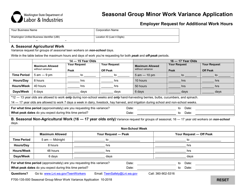 Form F700-135-000 Seasonal Group Minor Work Variance Application - Washington, Page 2