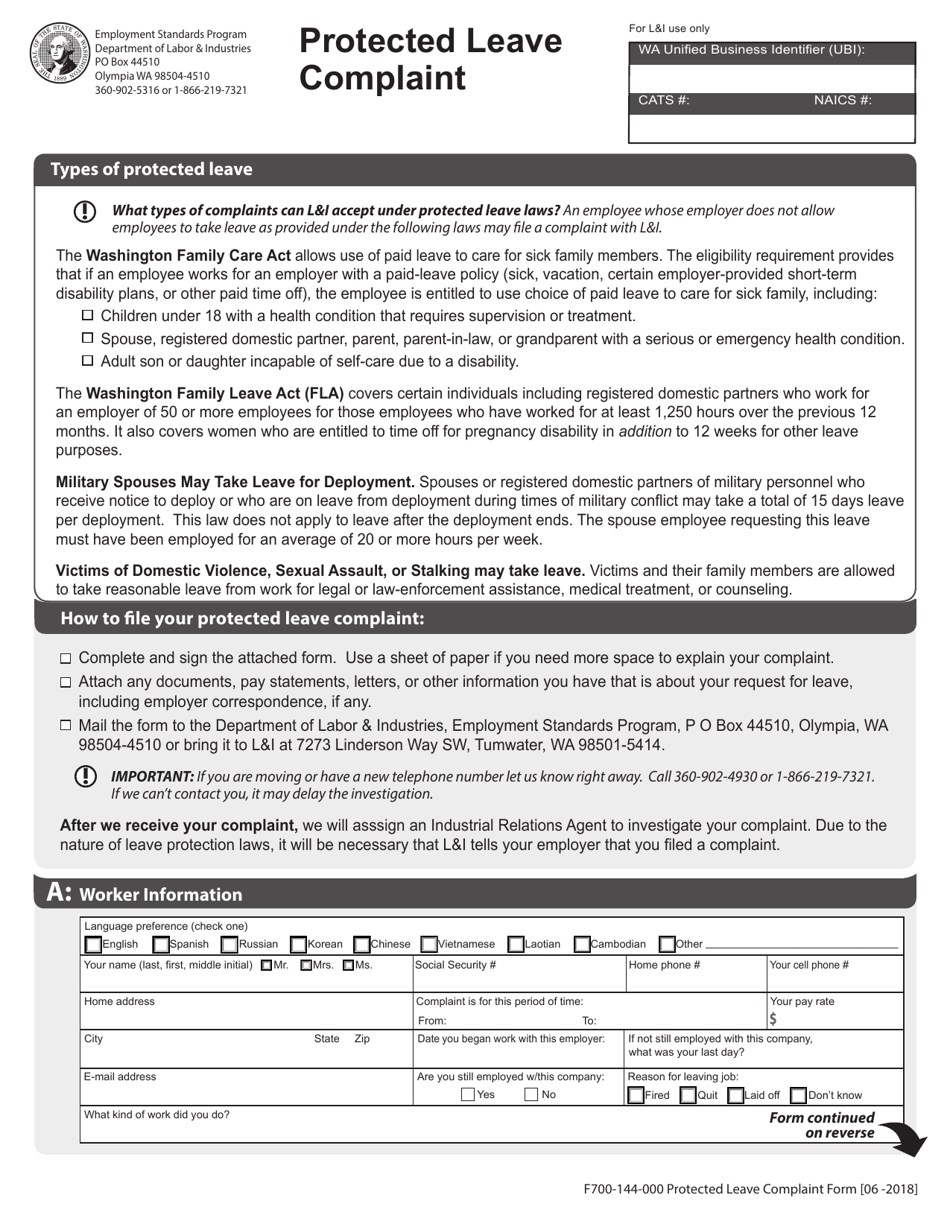 Form F700-144-000 Protected Leave Complaint - Washington, Page 1