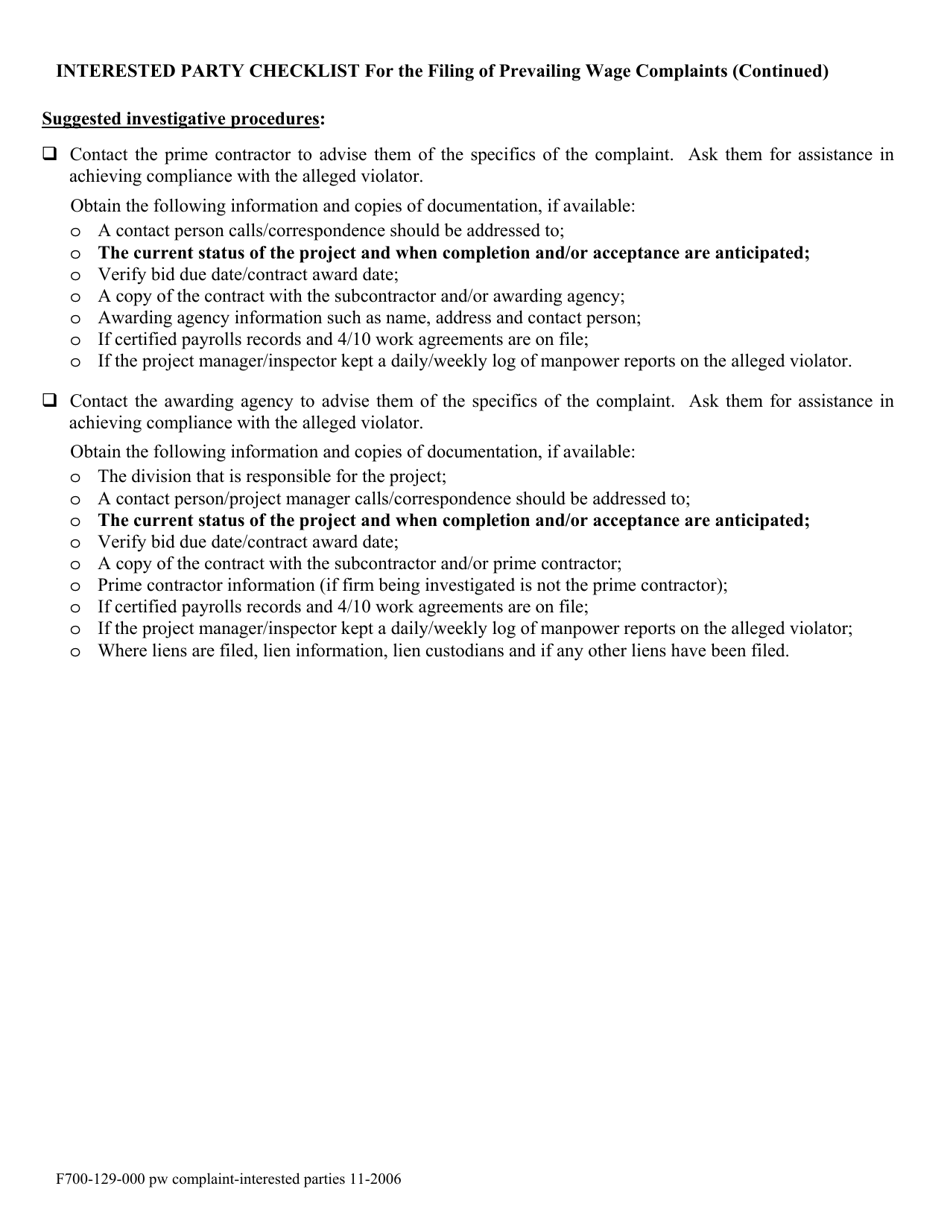 Form F700-129-000 Prevailing Wage Complaint Form for Interested Parties - Washington, Page 2