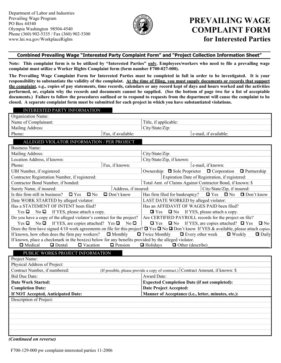 Form F700-129-000 Prevailing Wage Complaint Form for Interested Parties - Washington, Page 3