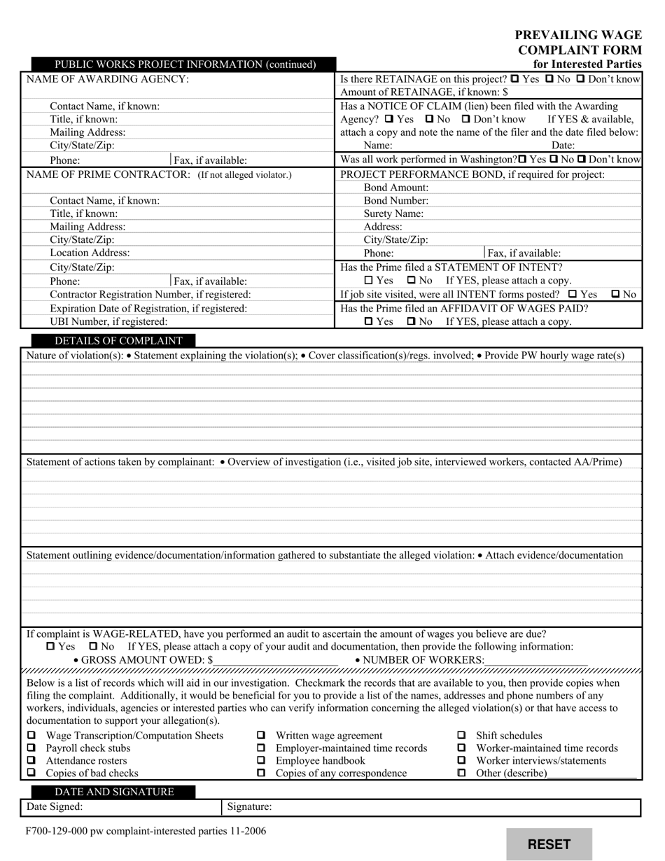 Form F700-129-000 Prevailing Wage Complaint Form for Interested Parties - Washington, Page 4