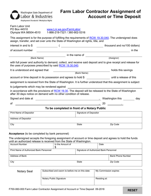 Form F700-060-000 Farm Labor Contractor Assignment of Account or Time Deposit - Washington