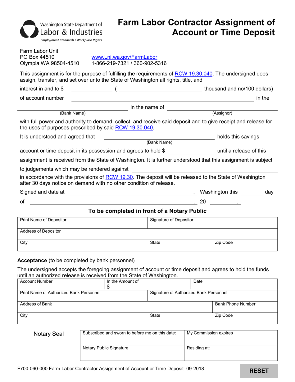Form F700-060-000 Farm Labor Contractor Assignment of Account or Time Deposit - Washington, Page 1