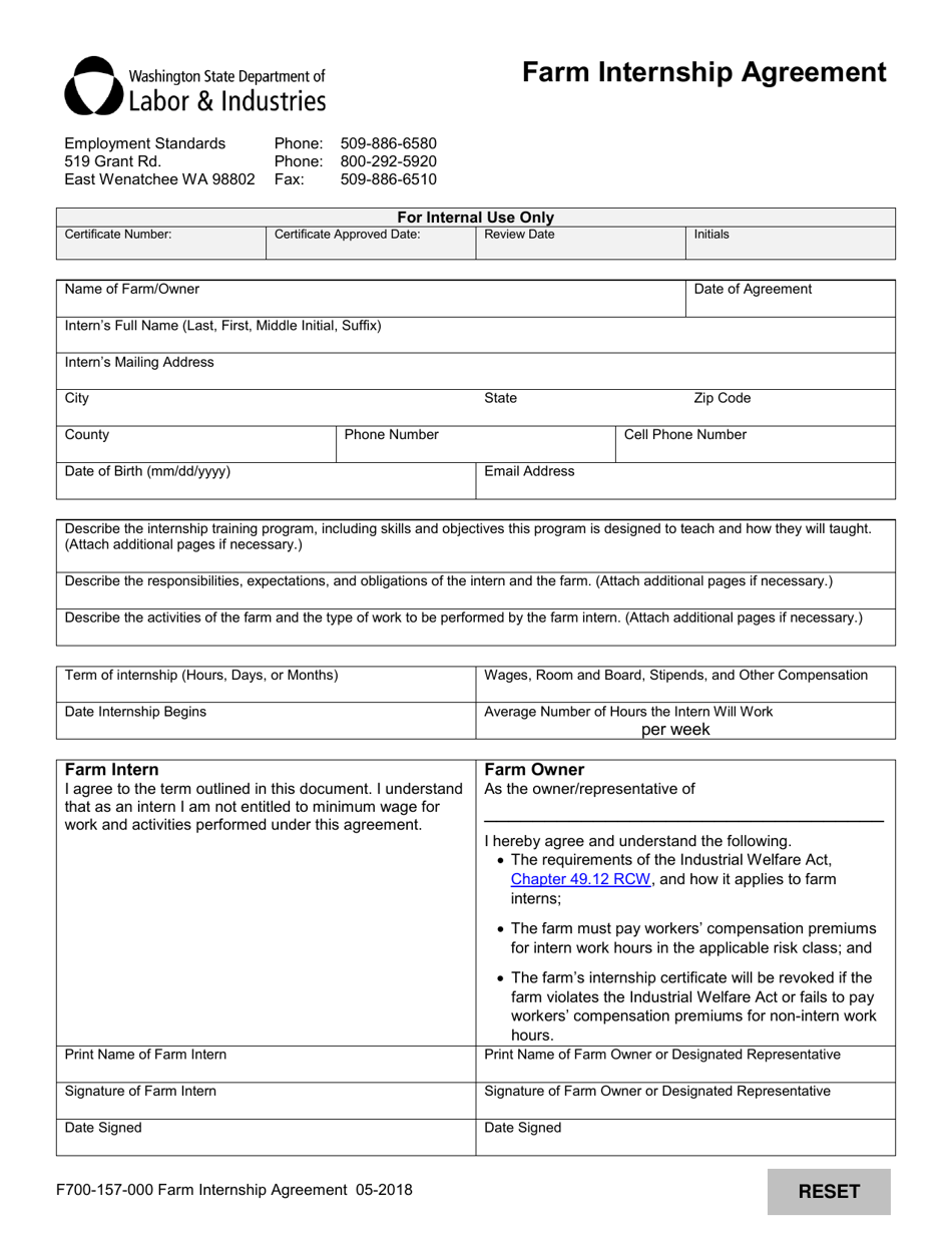 Form F700-157-000 Farm Internship Agreement - Washington, Page 1