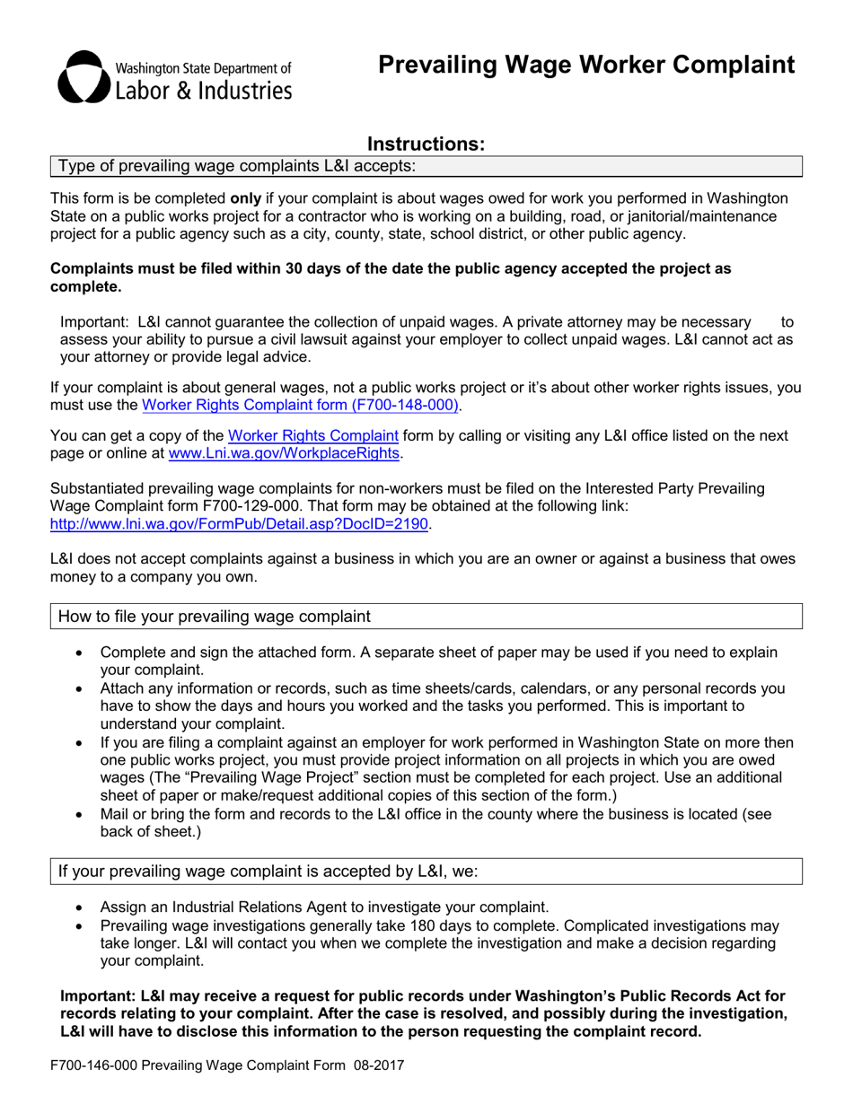 Form F700-146-000 Prevailing Wage Worker Complaint - Washington, Page 1